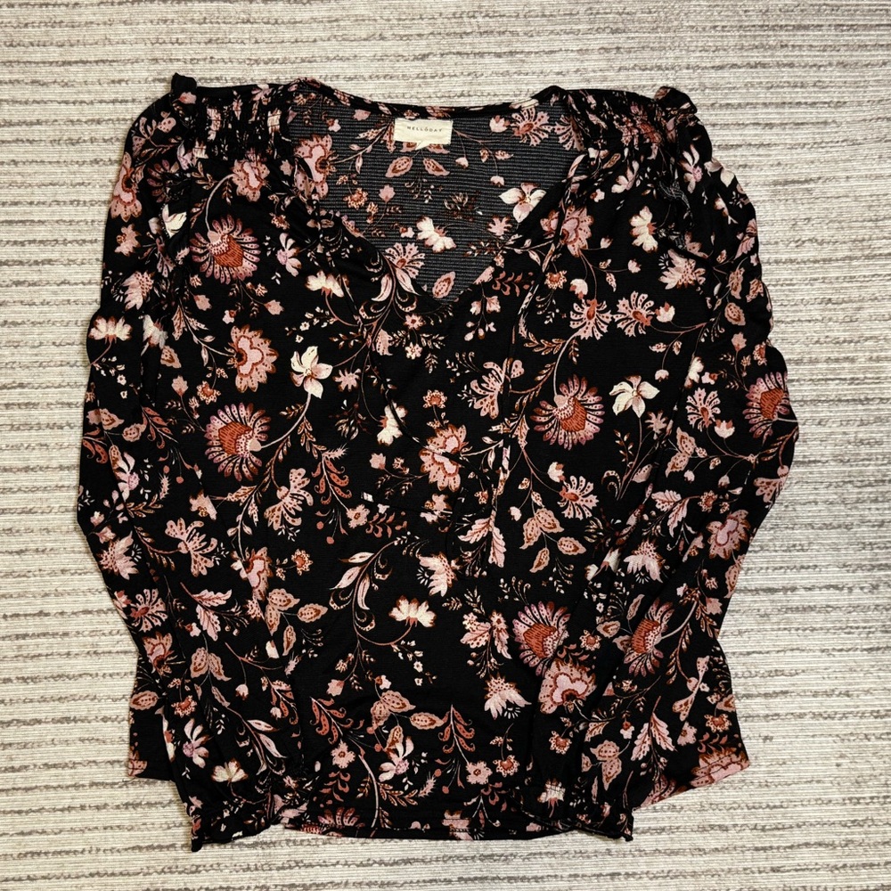 Melloday Black Floral Ruffle Blouse Long Sleeve Size Large Boho - Picture 2 of 6